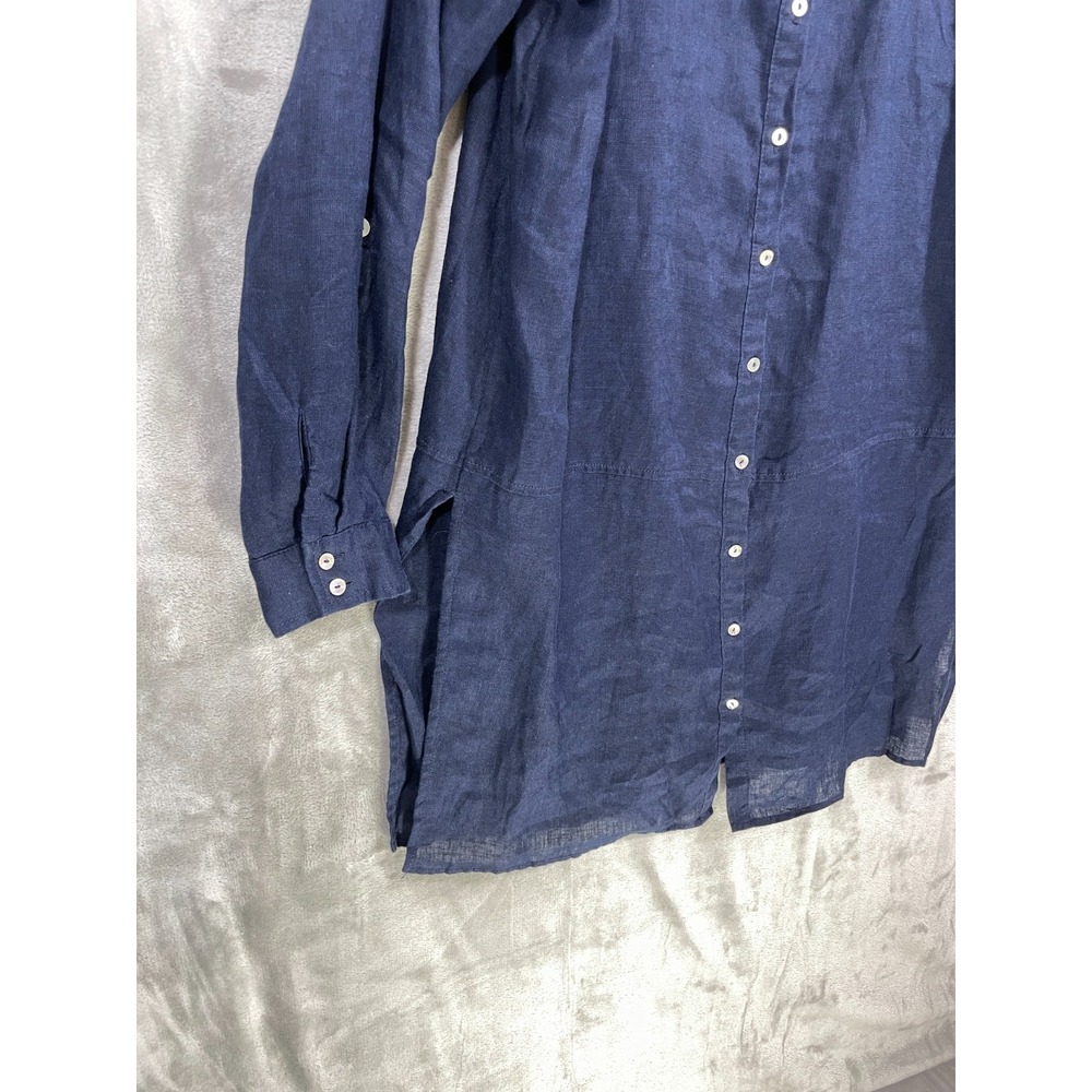 TAHARI 100% Linen Tunic Shirt Women's L Navy Long Sleeve Relaxed Coastal Collar - Picture 4 of 7